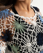 Close-up of a crocheted garment with colorful flower patterns on a plain background