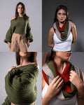 Four images of a woman wearing different knitted items against a gray background.