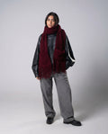 Person wearing a red scarf, black leather jacket, gray pants, and black shoes on a white background