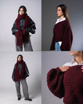 Collage of a woman wearing a burgundy sweater and scarf on a gray background