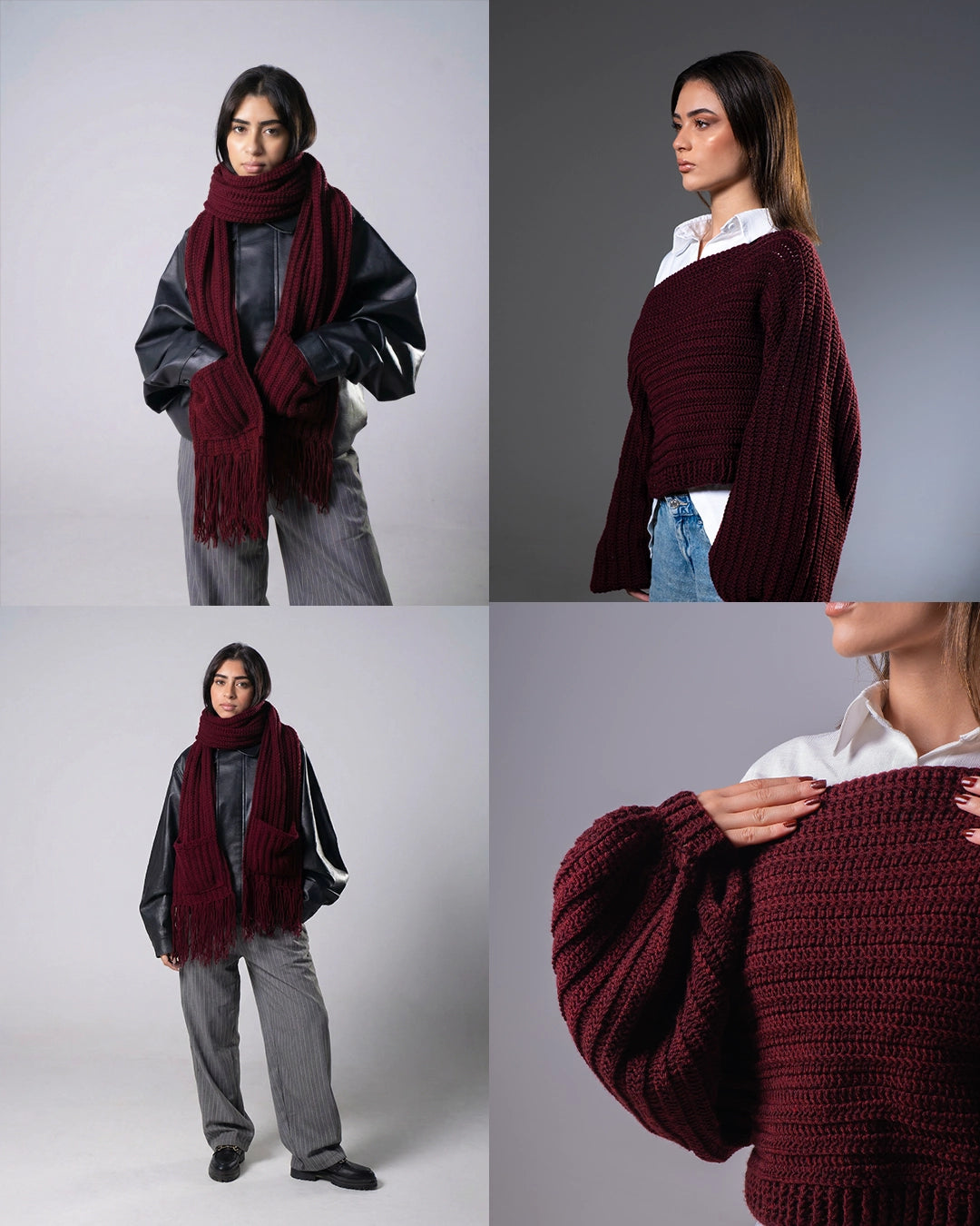 Collage of a woman wearing a burgundy sweater and scarf on a gray background